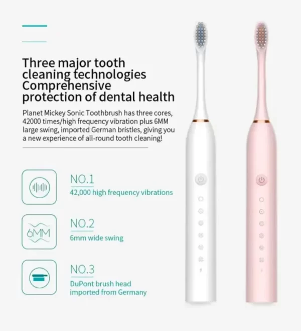 Brosse à dents électrique sonique pour adultes, étanche IPX7, tête de brosse DuPont, aste par USB, livres morts élevés, 6 modes de livres – Image 8