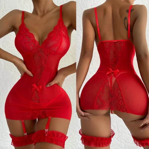 Dames Lingerie vêtements de nuit Sexy femmes dentelle nuisette robe nuisette sous-vêtements porte-jarretelles maille Sexy Costume vêtements de nuit – Image 2