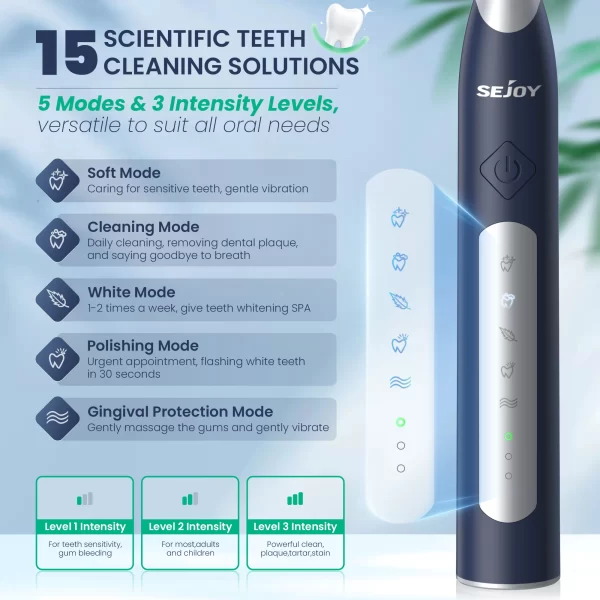 Sejoy JS10 - 1 brosse à dents électrique sonic avec 10 têtes de rechange brosse à dents électronique étanche rechargeable – Image 2
