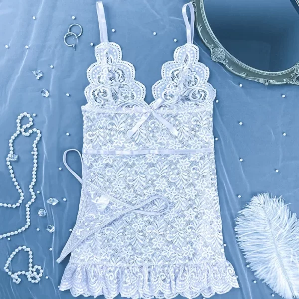 Ensemble de Lingerie Sexy en dentelle, vêtements de nuit érotiques sans entrejambe, pyjama, robe de nuit en dentelle, chemise de nuit, string – Image 6