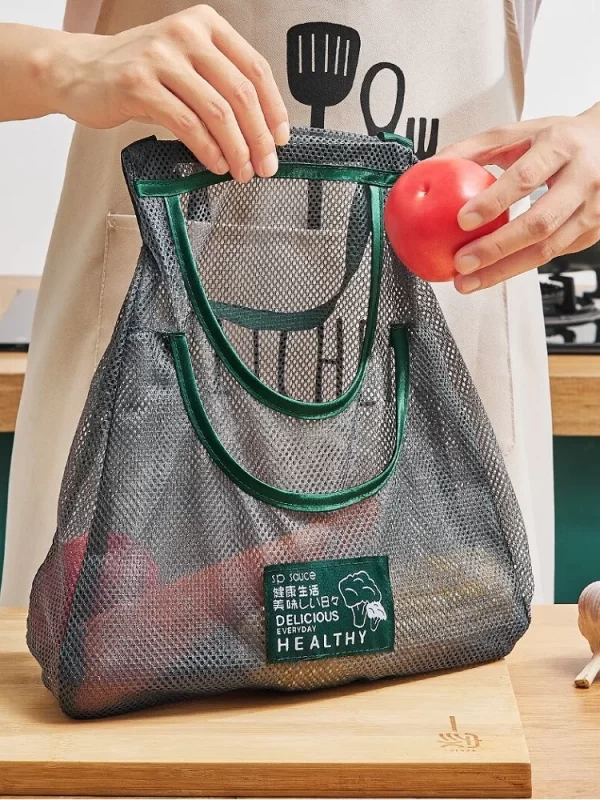 Sacs de rangement réutilisables, sac en maille suspendu de cuisine, filet de rangement de fruits et légumes pour la maison, pour gingembre, ail, pommes de terre, oignons – Image 5