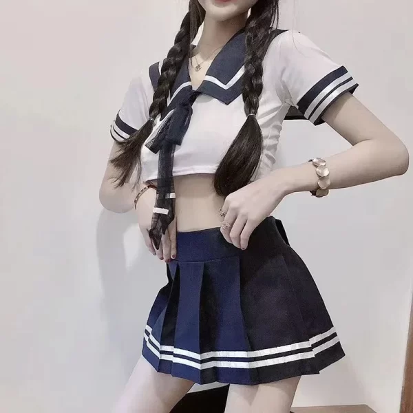 Costumes d'écolière Sexy pour femmes, nuisette Cosplay, Lingerie Sexy, ensemble jupe à carreaux à bretelles, uniforme d'étudiant, tenues de Club de fête – Image 3