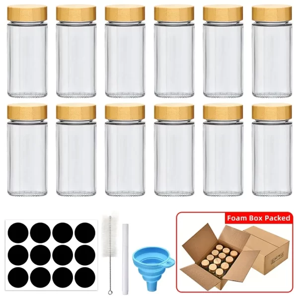 Pots à épices en verre avec légumes en bambou, avec autocollants minimalistes, entonnoir pliable, ensemble de pots de cuisine, 12 pièces – Image 5