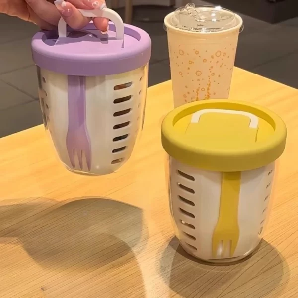 Tasse à salade avec fourchette, tasse à fruits cylindrique en plastique, fonction de Drainage multifonctionnelle, récipient à salade, boîte à déjeuner Portable – Image 3