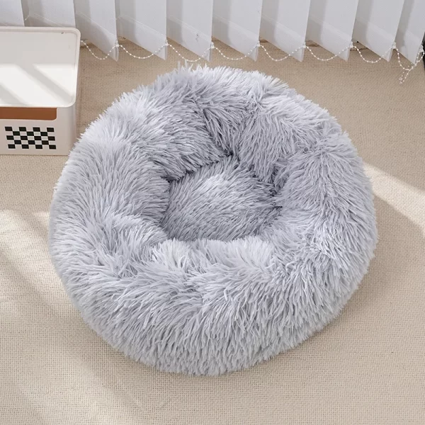Lit en peluche rayé confortable pour animaux de compagnie, adapté aux chats et aux chiens, nid rond chaud et pour dormir en profondeur, remplissage, gris, doux, intérieur, 1 pièce – Image 7