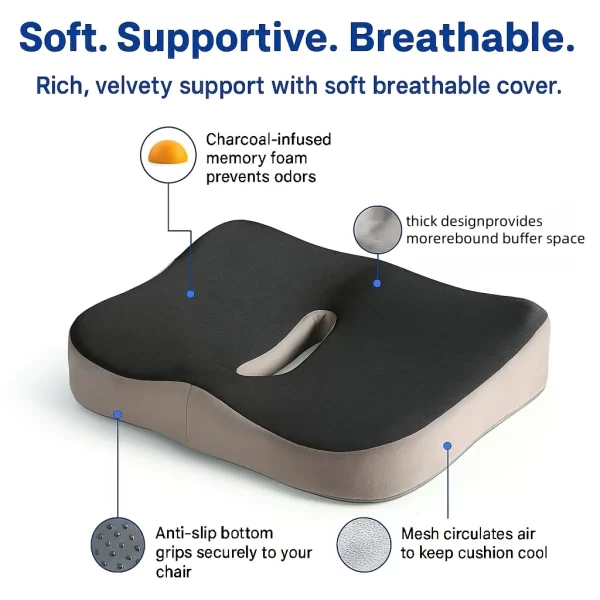 Coussin de siège en mousse à mémoire de forme, avec un coussin de pression ergonomique à rainure centrale – Image 4