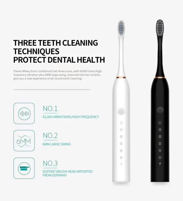 Brosse à dents électrique sonique pour adultes, étanche IPX7, tête de brosse DuPont, aste par USB, livres morts élevés, 6 modes de livres – Image 7