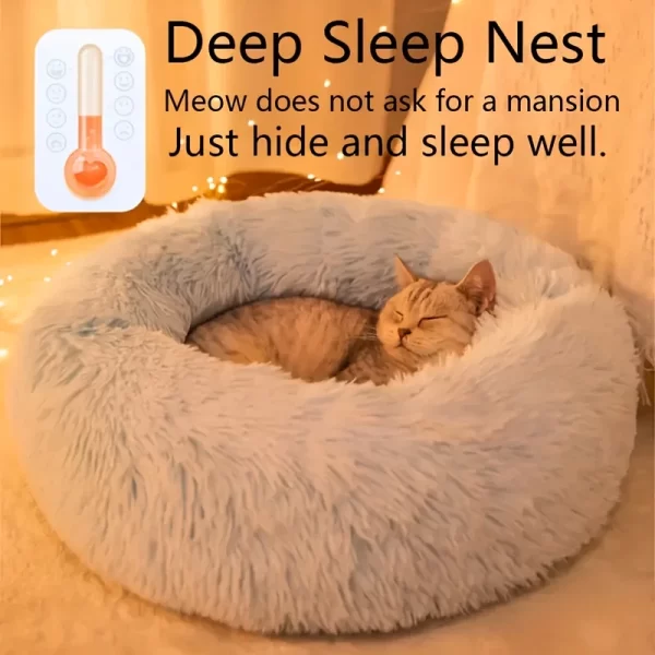Lit en peluche rayé confortable pour animaux de compagnie, adapté aux chats et aux chiens, nid rond chaud et pour dormir en profondeur, remplissage, gris, doux, intérieur, 1 pièce – Image 2