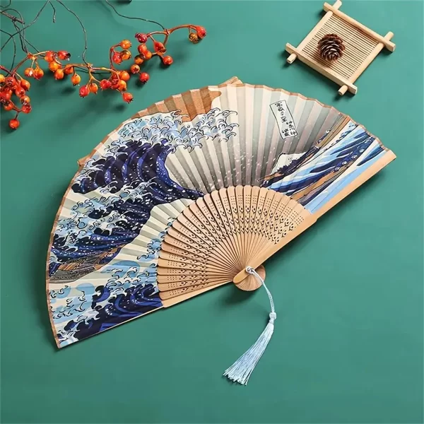 1pc, ventilateur pliant japonais fait à la main décoratif vague Kanagawa ventilateur pliable ventilateurs à main Vintage pour les femmes Portable pliant F – Image 2