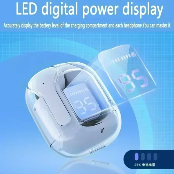T2 Tws Casque Bluetooth sans fil Casques sans fil transparents Écouteurs à affichage numérique Power Sound Stéréo pour Smartphones – Image 5