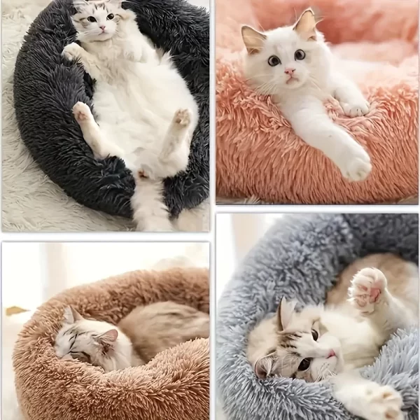 Lit en peluche rayé confortable pour animaux de compagnie, adapté aux chats et aux chiens, nid rond chaud et pour dormir en profondeur, remplissage, gris, doux, intérieur, 1 pièce – Image 3