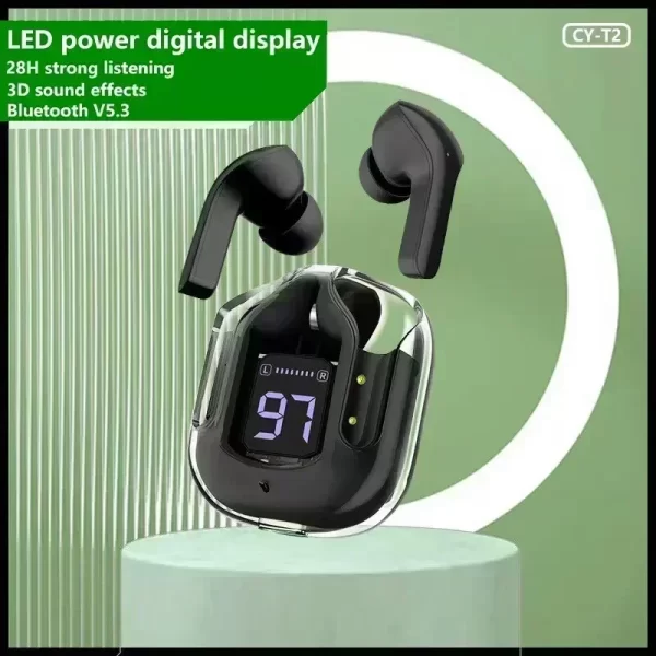 T2 Tws Casque Bluetooth sans fil Casques sans fil transparents Écouteurs à affichage numérique Power Sound Stéréo pour Smartphones – Image 4