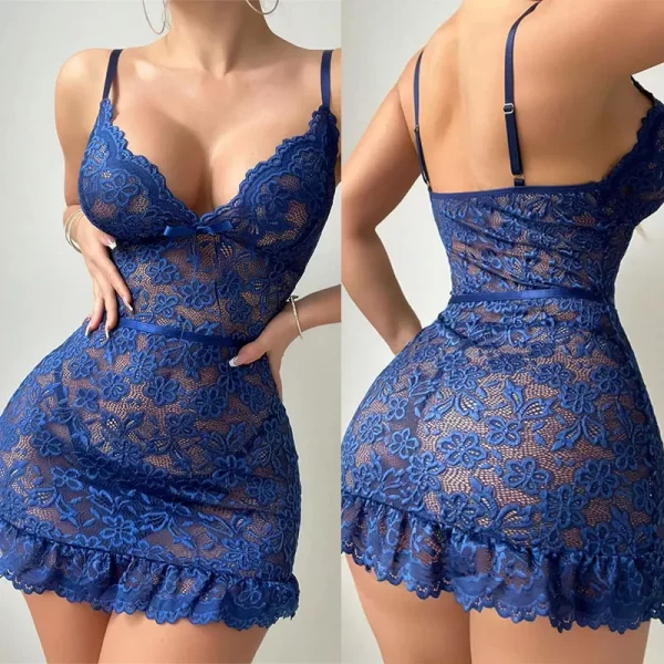 Ensemble de Lingerie Sexy en dentelle, vêtements de nuit érotiques sans entrejambe, pyjama, robe de nuit en dentelle, chemise de nuit, string – Image 2