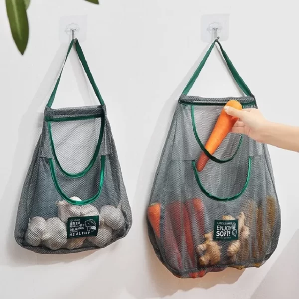 Sacs de rangement réutilisables, sac en maille suspendu de cuisine, filet de rangement de fruits et légumes pour la maison, pour gingembre, ail, pommes de terre, oignons – Image 4