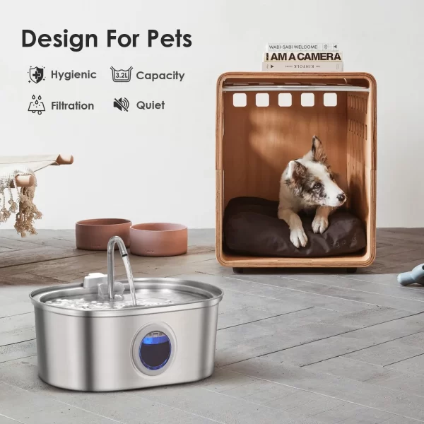 La fenêtre de distributeur d'eau pour chat en acier inoxydable de 3,2 L a un niveau d'eau, qui peut être observée, adaptée à de nombreux chats et de chiens – Image 2