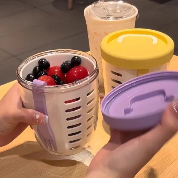 Tasse à salade avec fourchette, tasse à fruits cylindrique en plastique, fonction de Drainage multifonctionnelle, récipient à salade, boîte à déjeuner Portable – Image 2