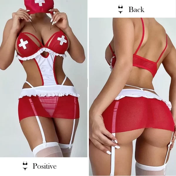 Ensemble de robe rouge d'infirmière de jeu de rôle pour femmes, vêtements de Cosplay Sexy en maille intégrée, coupe cintrée, meilleure vente, dernière collection – Image 3
