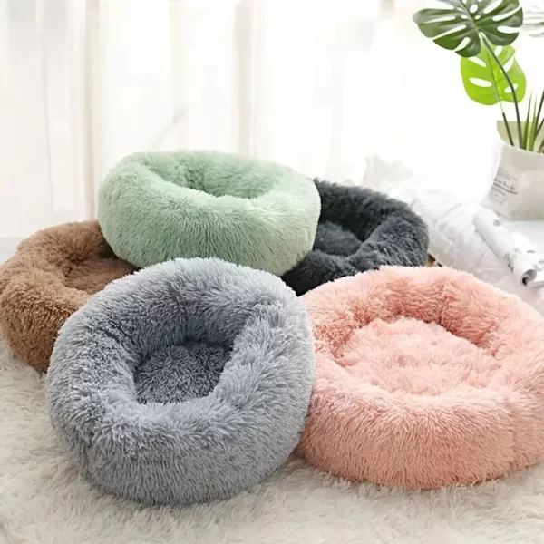 Lit en peluche rayé confortable pour animaux de compagnie, adapté aux chats et aux chiens, nid rond chaud et pour dormir en profondeur, remplissage, gris, doux, intérieur, 1 pièce – Image 4