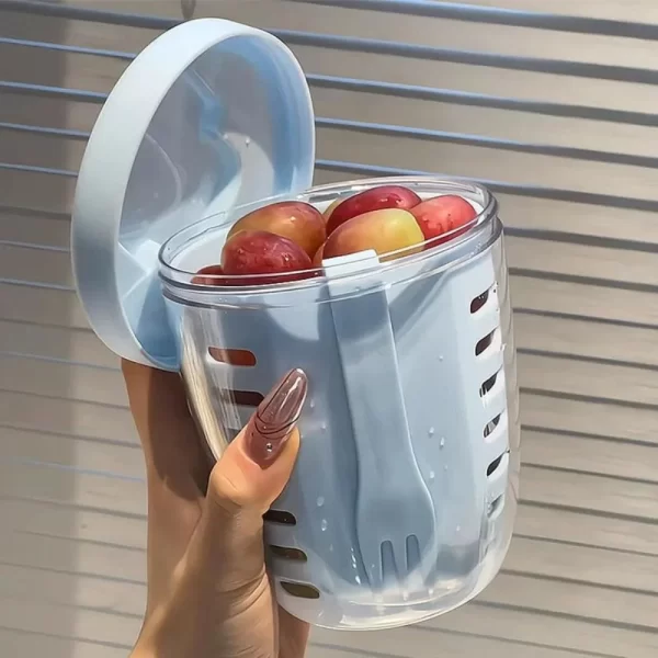 Tasse à salade avec fourchette, tasse à fruits cylindrique en plastique, fonction de Drainage multifonctionnelle, récipient à salade, boîte à déjeuner Portable – Image 5