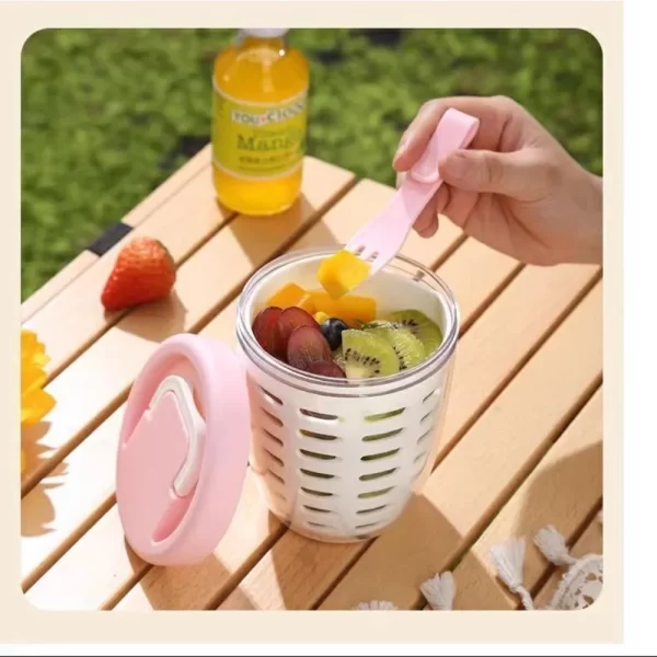 Tasse à salade avec fourchette, tasse à fruits cylindrique en plastique, fonction de Drainage multifonctionnelle, récipient à salade, boîte à déjeuner Portable – Image 4