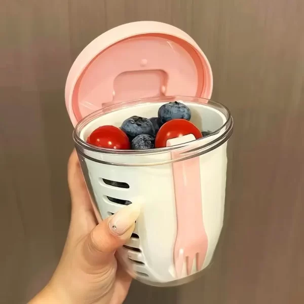 Tasse à salade avec fourchette, tasse à fruits cylindrique en plastique, fonction de Drainage multifonctionnelle, récipient à salade, boîte à déjeuner Portable – Image 6