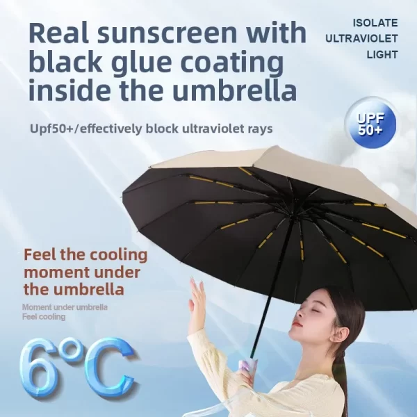 Parapluie entièrement automatique, parapluie de protection solaire en caoutchouc noir à double usage pour tous les temps, parapluie pare-soleil pliable haut de gamme – Image 2