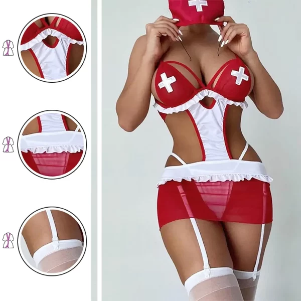 Ensemble de robe rouge d'infirmière de jeu de rôle pour femmes, vêtements de Cosplay Sexy en maille intégrée, coupe cintrée, meilleure vente, dernière collection – Image 5
