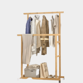 Porte-vêtements en bambou, Double rails de suspension, Porte-vêtements sur roulettes, Porte-vêtements autoportants avec étagères de rangement, Porte-mantel