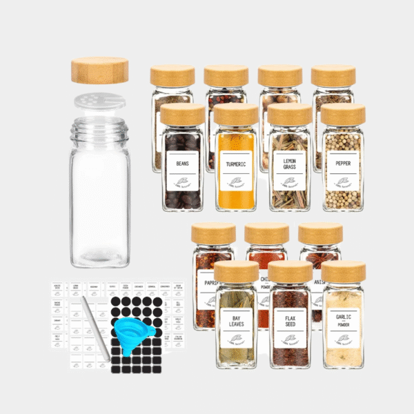 Pots à épices en verre avec légumes en bambou, avec autocollants minimalistes, entonnoir pliable, ensemble de pots de cuisine, 12 pièces